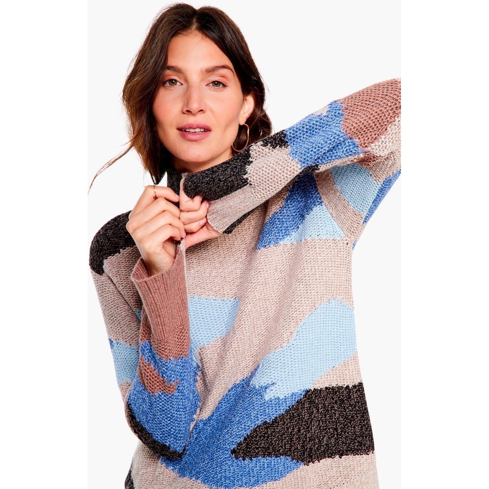 NIC+ZOE 2X Waves Abstract Colorblock Mock Neck Oversized Knit Sweater Artsy